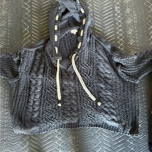 POL Charcoal Cable-Knit Hooded Sweater with Contrast Drawstrings